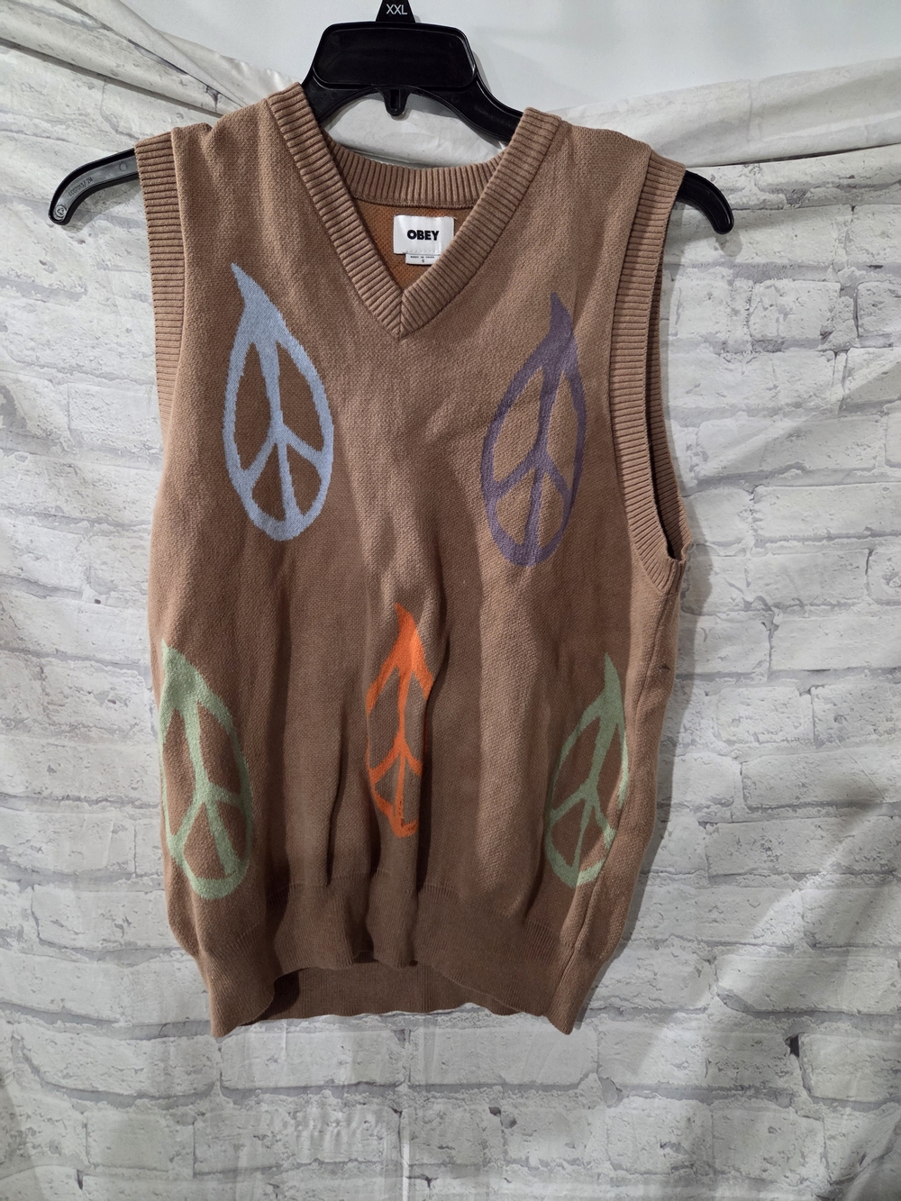 Obey Brown V-Neck Sleeveless Sweater Vest with Multicolor Peace Motifs